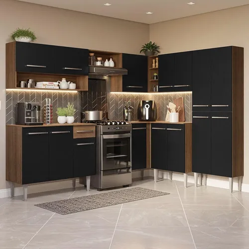 Armário Cozinha Completa Modulada De Canto 417cm Emilly Madesa 02 Rp Cor Rustic/Preto GCEM4170027K