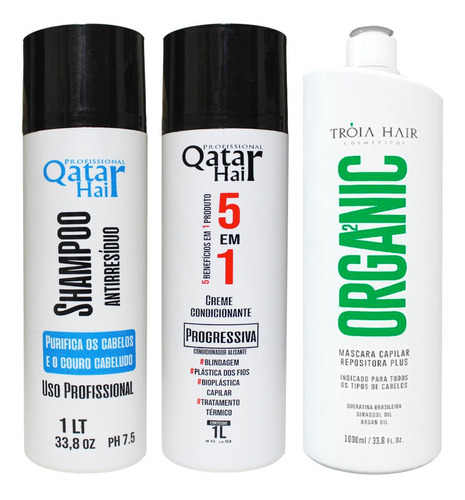 Kit Progressiva Organica Tróia Hair + 5 Em 1 Qatar 3x1 Liso