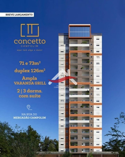 Imagem 2 de 19 de Lindo Concetto Campolim, Apartamento 71 M², 2 Dormit. (1 Suíte C/ Closet), 2 Banheiros, Varanda Grill, 1 Vaga Coberta. Rua Mercadão Campolim, Sorocaba - Ap00111 - 69259848