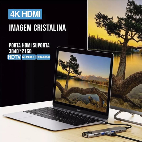 Hub Adaptador 8 em 1 Dock Station USB-C de 8 Portas com Hdmi, Ethernet RJ-45, USB 3.0, USB-C e MicroSD/SD/TF Exbom UDC-PHNR1008A Compatível Com Pc, Notebook E Macbook