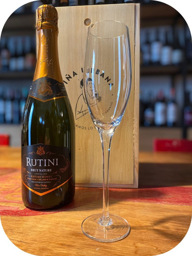 Rutini Brut Nature + Copa Espumante, Caja Madera P/ Regalo