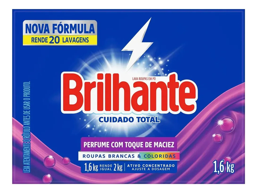 Sabão Brilhante Limpeza Total roupas brancas e coloridas caixa 1.6kg