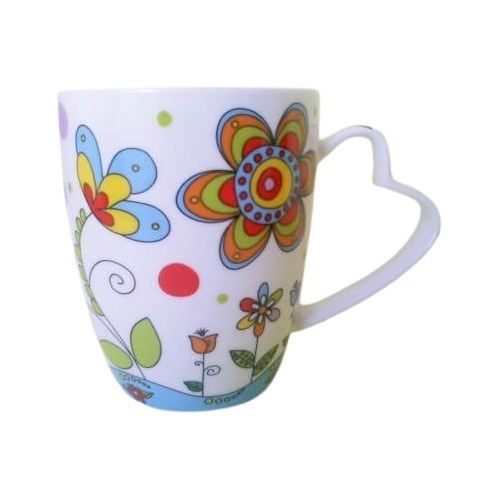 Caneca Flores E Alça De Coração Em Porcelana Novo