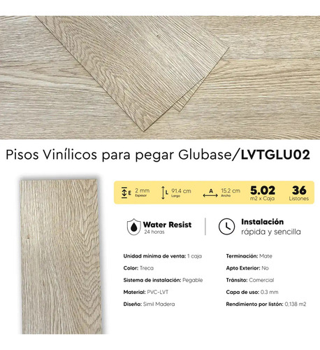 Piso Vinilico Resistente Agua Dryback 2mm Simil Madera Lvt