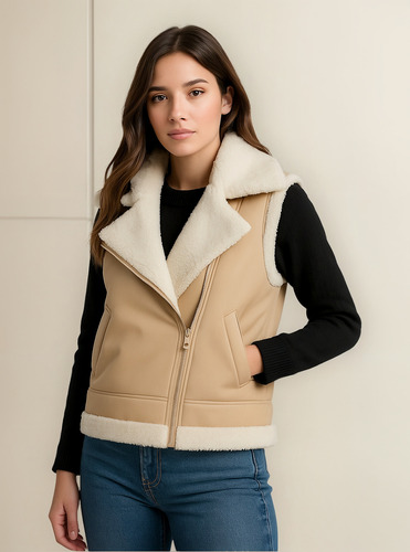 Chaleco Gamulan Zoe- Eco Cuero Con Corderito Tendencia Mujer