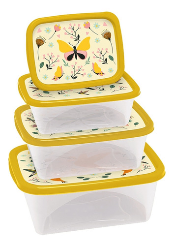 Kit 4 Potes Plástico Decorados Alimento Freezer Microondas Cor Amarelo