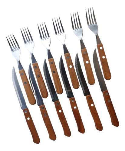 Pack 12 Cuchillos + 12 Tenedores Madera Inox Asado Multiuso