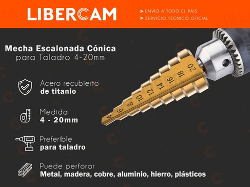 Imagen 3 de 10 de Mecha Escalonada Conica Titanio Taladro 4-20mm Metal Madera