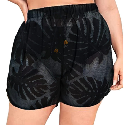 Short Curto Feminino Saída Praia Transparente Folhagem Verão