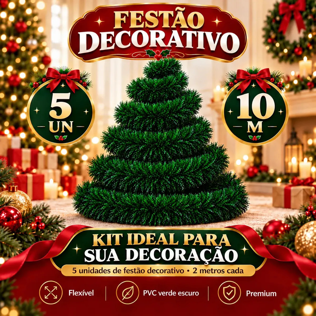 Festão Arvore de Natal Cheio Grosso Flexível Decoração De Natal 10 Metros Verde Varal Natalino 5 Peças 2m x 9cm - Petite Flô
