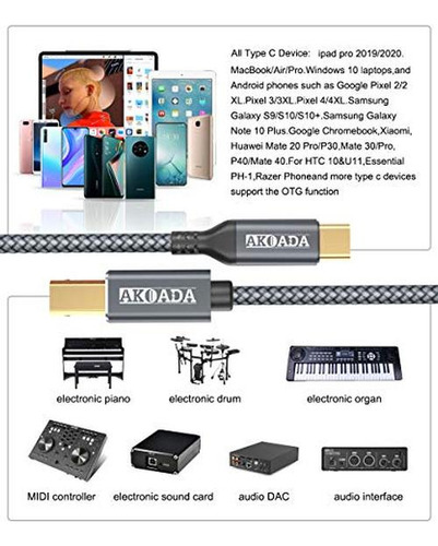 Cable De Impresora Usb C De 15 Pies, Cable Akoada Usb B A Us