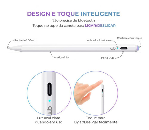 Caneta Pencil Wb Para Apple iPad Com Palm Rejection E 1.0mm