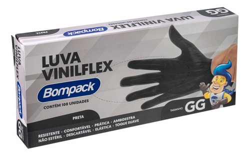 Luva Descartavel Viniflex Preta 100 Unidades Bompack Cor Preto Tamanho Gg