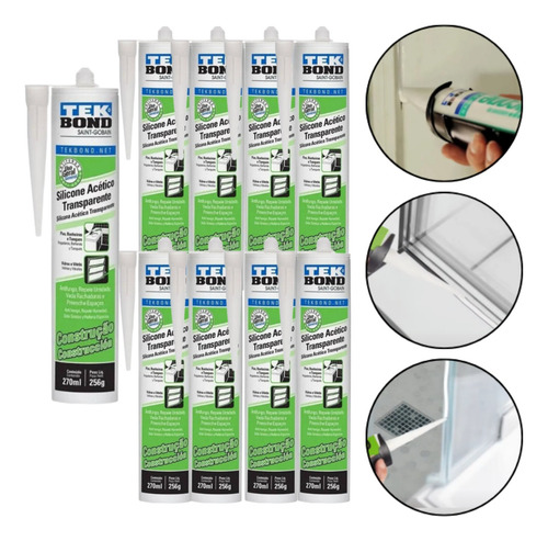 Kit 9 Silicone Acético Transparente Tubo 256g/270ml Tek Bond