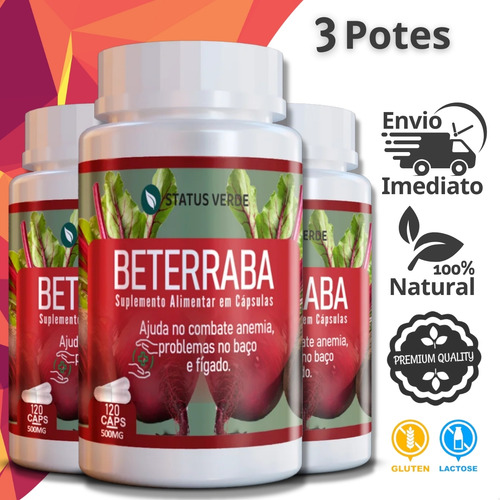 3 Potes beterraba extrato seco puro kit 360 cáps Status Verde