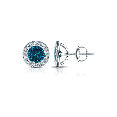 Aretes De Diamante Azul Halo En Oro Blanco 18k