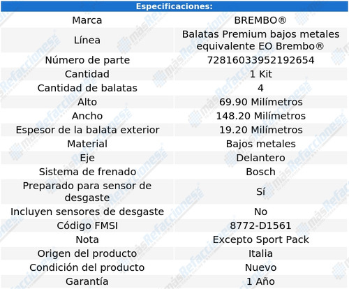 Balatas Delanteras Bajos Metales 330i Xdrive 17 Al 18 Brembo