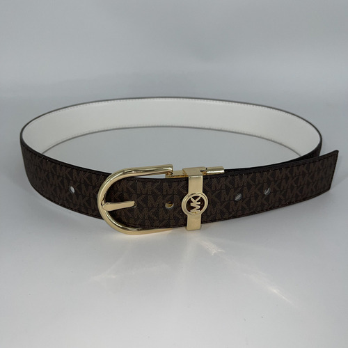 Cinto Michael Kors Reversible Blanco Y Cafe Color Blanco Y Cafe Con Letras Cafe Claro Diseño De La Tela Color Solido Y Estampado Talla Mediana