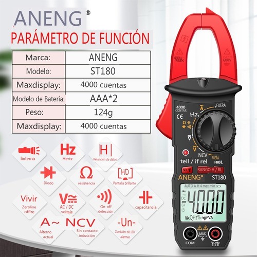 Aneng Digital Pinza Medidor Multímetro Capacitancia 4000 Rec