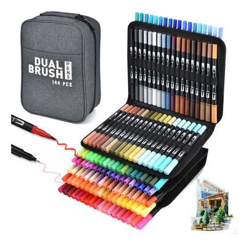 Marcadores De Doble Punta 144 Colores Plumones Punta Pincel