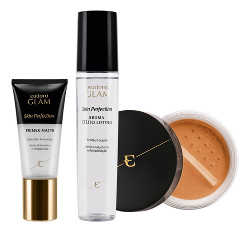 Kit Skin Perfection Pele Morena Pó + Primer Matte + Bruma Tom Marrom-claro