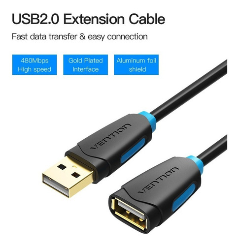 Cabo USB 2.0 Extend 0.5M Vention, extensor de alta velocidade, cor preta