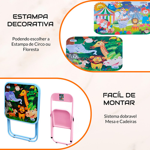 Mesinha Infantil Dobrável Conjunto Com 4 Cadeiras Aço Até 40 Kg Branco Floresta Zoológico