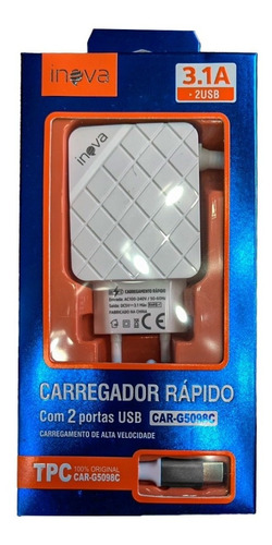 Carregador Celular Turbo 2 Usb Tipo C 3.1a Original Inova