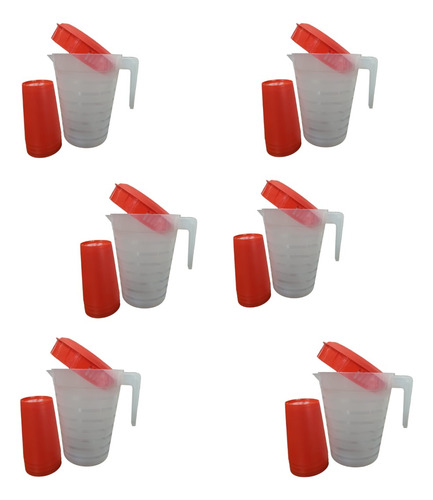Jarra De Plástico Con 4 Vasos Roja De 1.5 Lts Juego De 6 Set