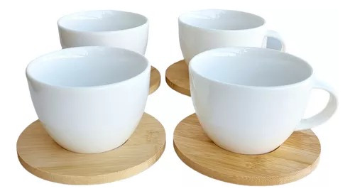 Juego Set X 5 Tazas Y Plato De Madera Desayuno Te 