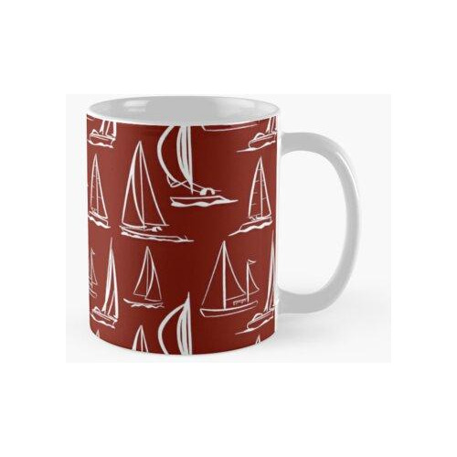 Taza Patrón De Barcos De Vela Versión 5 - Blanco Sobre Rojo 