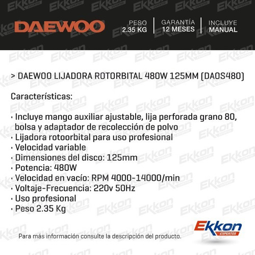 Imagen 2 de 10 de Lijadora Rotoorbital Daewoo 480w 125mm Profesional Chapista