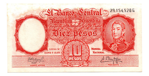 Billete 10 Pesos Moneda Nacional, Bottero 1971b, Año 1961 Us