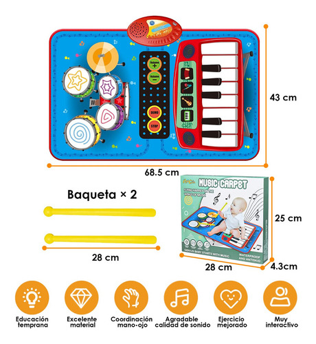Alfombra Musical Piano Y Tambor Juguete Para Niños 70x45cm