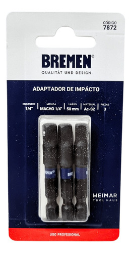 Set 3 Adaptadores 1/4  Para Atornillador Impacto Bremen 7872