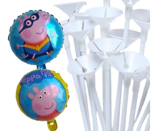 Globos Metalizado Peppa Pig 20cm Pack X6 + Varillas 