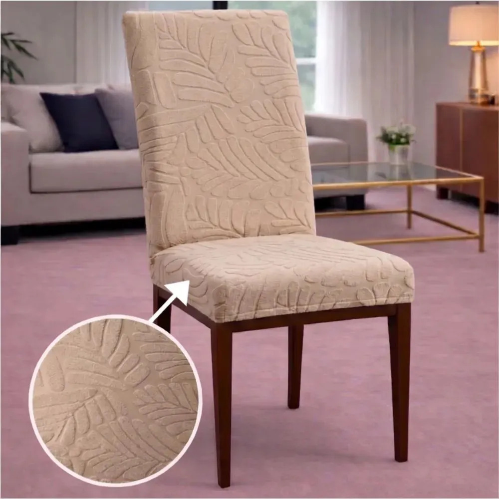 Kit 6 Capas De Cadeira Em Suede Jacquard Alto Relevo Cor Folhas Bege