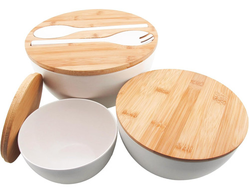 Juego De 3 Cuencos De Ensalada Con Tapa Y Utensilios De Serv