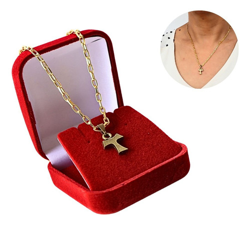 Colar Banhado A Ouro Com Medalha Mini Tau Franciscano 574 Cor Vermelha
