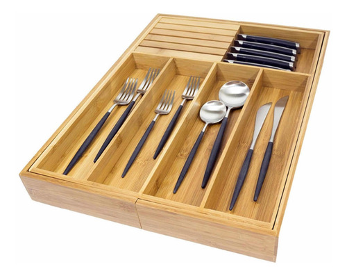 Imagen 2 de 5 de Organizador Cubiertos Cocina Extensible Bambú Bandeja