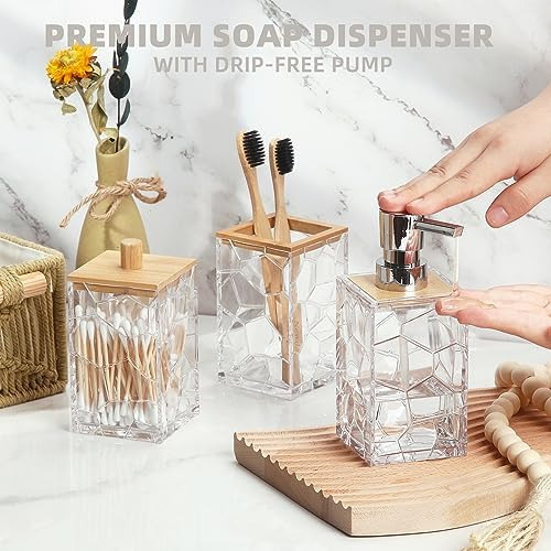 Gahefy Juego De Accesorios De Baño De Bambú Transparente Acr