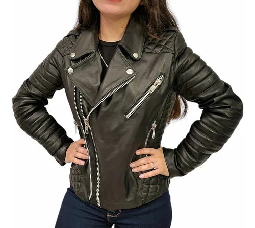 Chamarra Biker De Piel Genuina Mujer Chaqueta Cuero Negra Cuotas