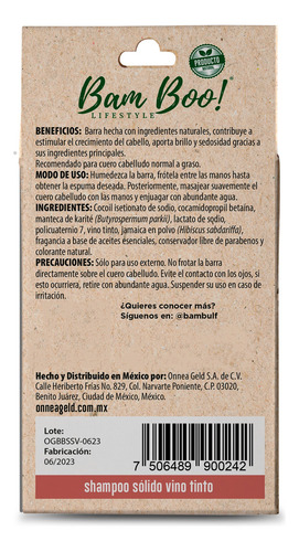 Shampoo Sólido Artesanal Vino Tinto 80 Gr Bam Boo! Lifestyle