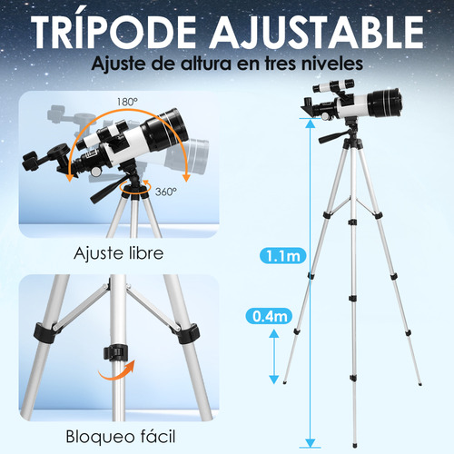 Telescopio Astronómico Profesional 70/300mm 150x Remoto Bluetooth con Adaptador para Smartphone Nasjac Blanco