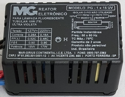 Reator 15w Eletrônico T8 Uv P/1 Lâmpada Germicida 110/220v 