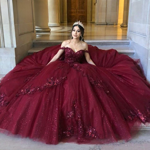 Vestido De Xv Quinceañera Vino Rojo Apliques De Flores