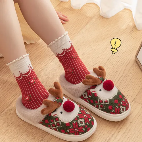Zapatillas De Algodón De Alce Navideño For Mujer, Zapatos