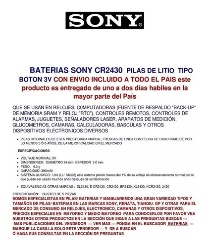 20 Pilas Cr2430 Sony Original Batería Botón 3v Litio Frescas