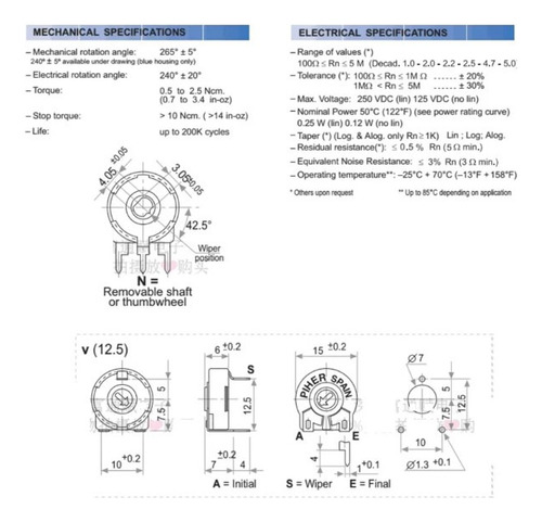 Potenciometro Lineal Pt15 5 Mohms, Pack 4 Unidades