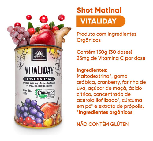 Shot Matinal Orgânic Cúrcum Cranbery Própolis Vitaliday 150g